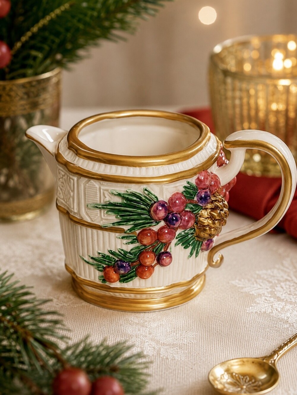 Fitz & Floyd Winter Spice 1990 Gold Trim Creamer Christmas Pitcher